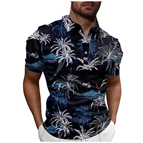 T Shirts Männer Hemd Leinen Herren Weißes Shirt V-Ausschnitt Blumen Bedruckt Knopfleiste T Shirt Tailliert Golf Shirt Kurzarm Henley Shirt Basic Arbeits T Shirt Herren Poloshirt (Dunkelblau 4XL) von Rosennie