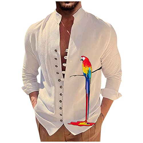 Thermo Shirt Herren Hawaii Hemd Männer Langarm Herren T-Shirt Stehkragen Papagei Druck Knopfleiste Hemd Langarm Loose Fit Sommerhemd Baumwoll Leinen Henley Shirt Cowboy Hemd (Khaki, M) von Rosennie