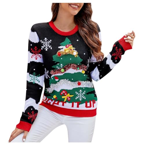 Weihnachtspullover Damen Halloween Pullover Damen Damenpullover Langarm Weihnachtsbaum Musterdruck Hässliche Weihnachtspullover Lustige Weihnachtspullover Funny Weihnachts Pullis (Schwarz, M) von Rosennie