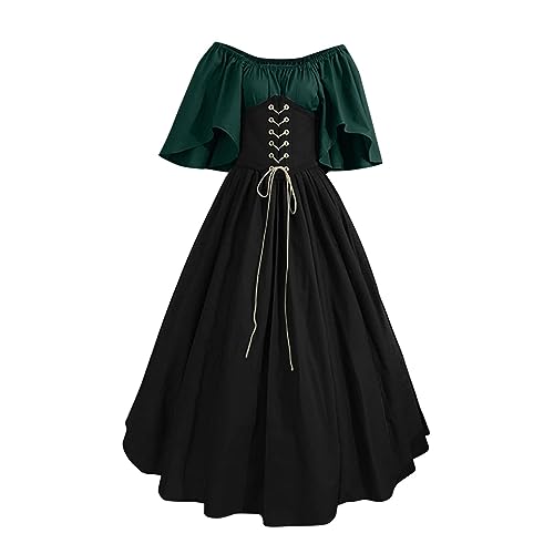 Wikinger Kostüm Damen Enges Kleid Damen Midikleid Rüschenärmel Farbblock Gothic Kleid Kordelzug Tunika Kleid A Linien Plissiertes Mittelalter Kleider Boho Kleid (Dark Green, 5XL) von Rosennie