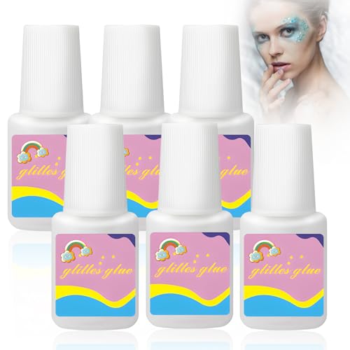 RoserRose 6 Stück 8ml Glitzer Tattoo Kleber, Glitter Glue, Hautkleber für Glitzertattoos und Rhinestone, Halloween Makeup und Motto-Party, Gesicht und Körper Haftkleber, inkl. 48ml Glitter Glue von RoserRose