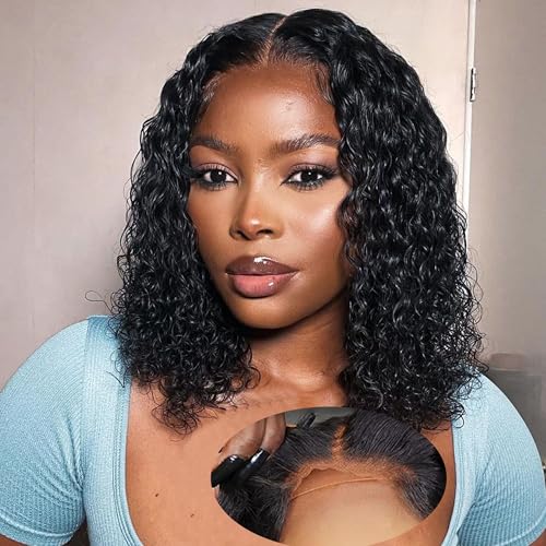 Roserer Wear and Go Glueless Wig Human Hair 100% Unprocessed Remy Deep Wave Curly Bob Wig Human Hair Pre Plucked 180% Density 4x4 HD Lace Glueless Wigs for Black Women 25.4 cm von Roserer