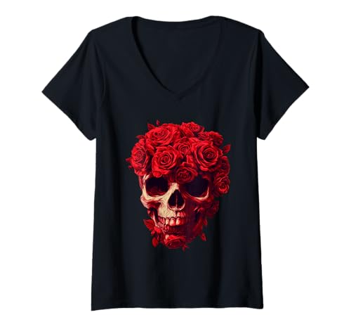 Damen Roses Skeleton Skull Flower Nature Gardening T-Shirt mit V-Ausschnitt Damen Roses Skeleton Skull Flower Nature Gardening T-Shirt mit V-Ausschnitt von Roses Skeleton Skull Flower Gardener Apparel