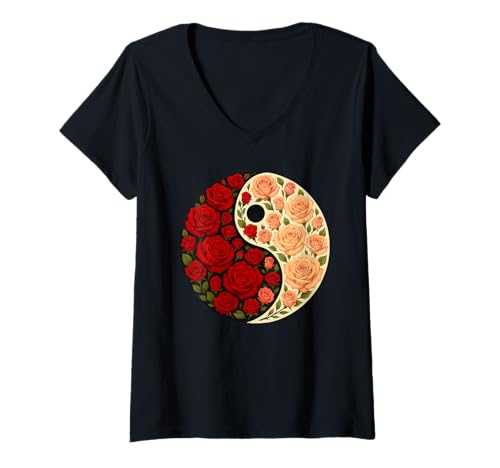 Damen Rose Yin Yang Flower T-Shirt mit V-Ausschnitt von Roses Yin Yang Flower Gardening Apparel