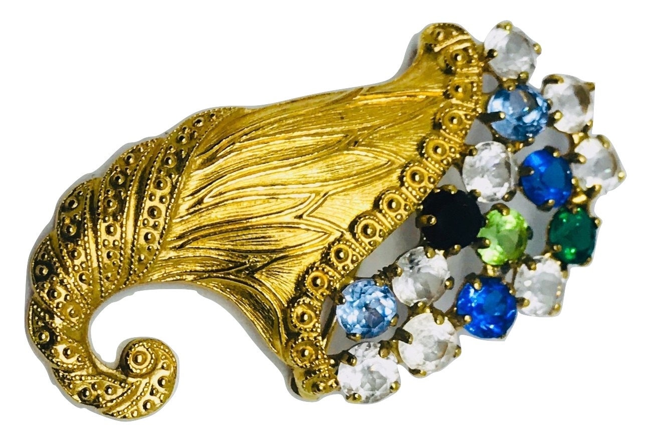 B. David Signiert Anspruchsvolle Cornucopia Brosche Multi Farbe Strass Gold Metall 2" Vintage 1960Er Jahre B. David Signiert Anspruchsvolle Cornucopia Brosche Multi Farbe Strass Gold Metall 2" Vintage 1960Er Jahre von RosesAllure