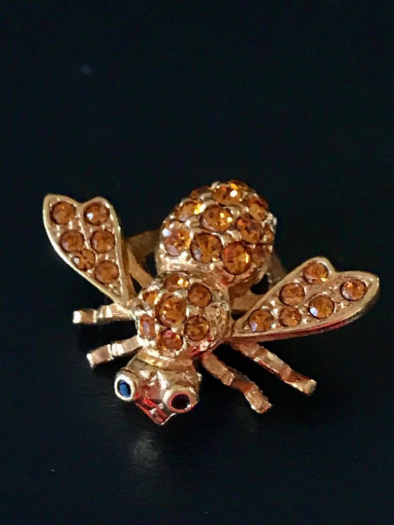 Joan Rivers Signiert Schöne Goldene Bienen Brosche Pin Orange Strass Vintage Designer Vergoldet von RosesAllure