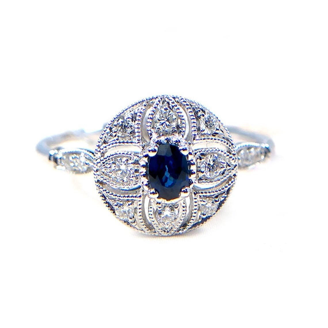 Art Deco Ring, Lab Erstellt Blauen Saphir Braut Ehering, Vintage Halo Verlobungsring, Vorschlag Ring, Edwardian Stil Ring, Einzigartiger Ring von Rosewinejewel