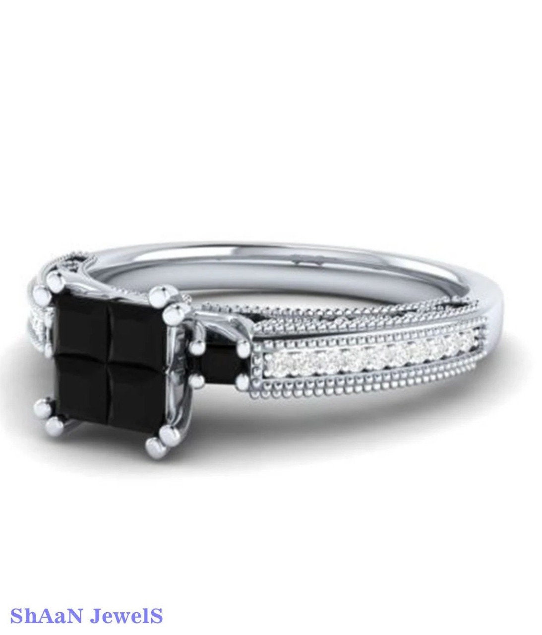 Princess Cut Black Diamond Ring, Versprechen Cocktail-Party-Wear-Ring, Zarte Zierliche Schillernde Ehering, Geschenk-Ring von Rosewinejewel