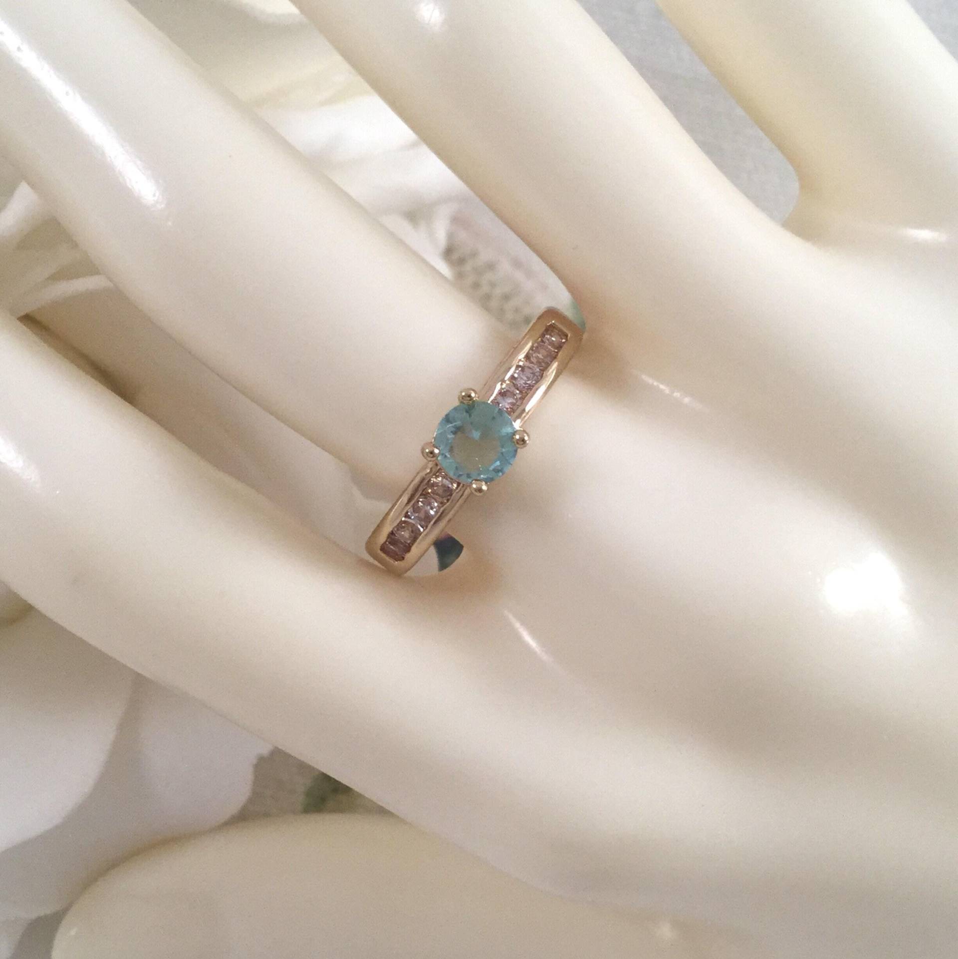 Antik Art Deco Vintage Schmuck Gelbgold Band Ring Aquamarin Weiße Saphire Kleid Small Größe L Hochzeit Braut von Roseworthysvintage