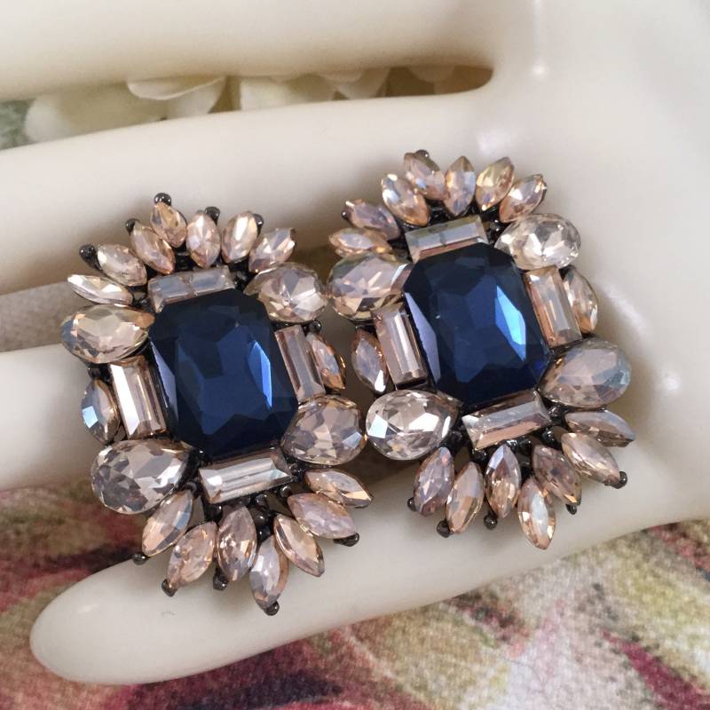 Vintage Schmuck Ohrringe Weiß Und Blau Kristalle Antik Silber Art Deco Kleid Kostüm von Roseworthysvintage