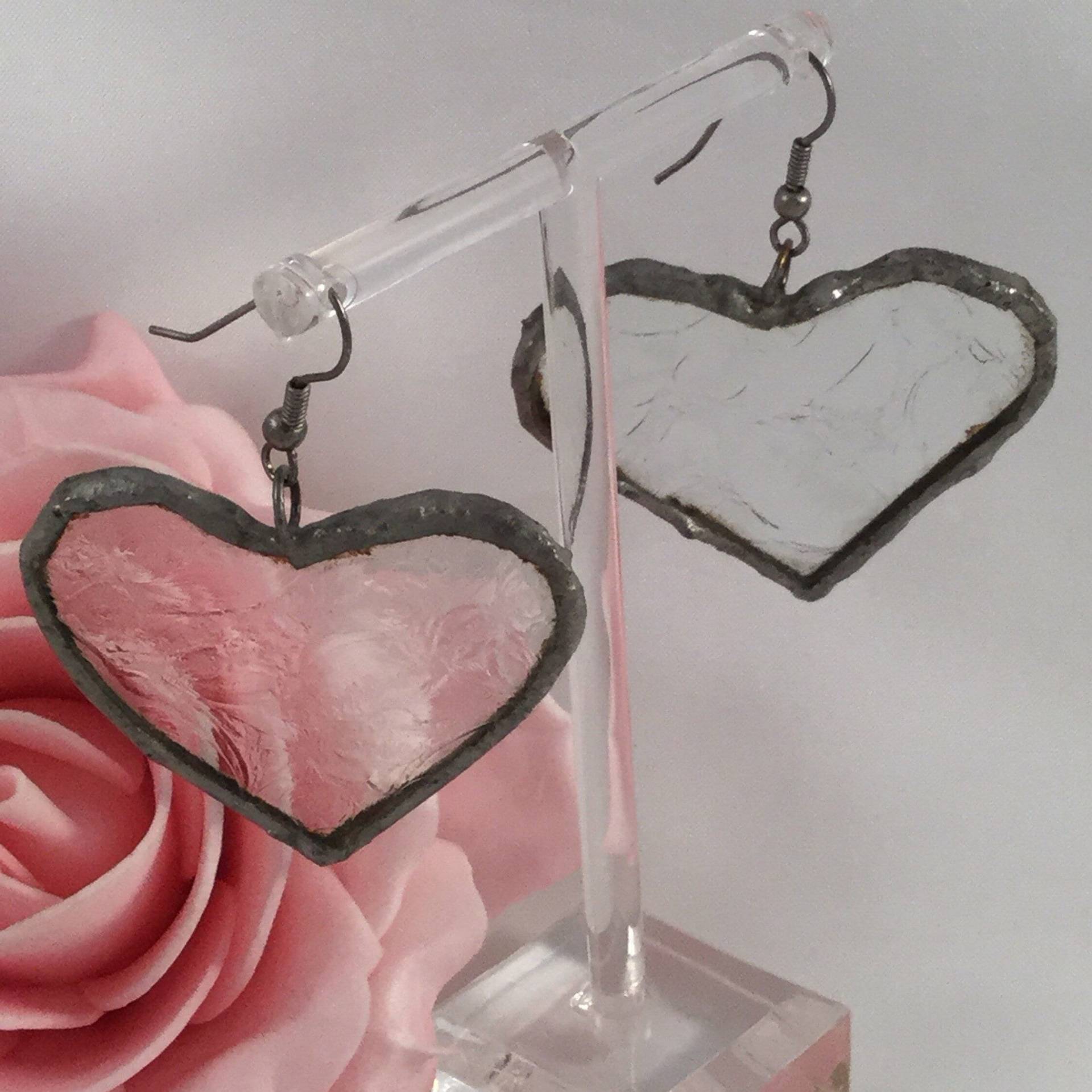 Vintage Schmuck Silber Herz Ohrringe Aus Geätztem Glas Tür Fensterscheibe Handarbeit Antik Kleid von Roseworthysvintage