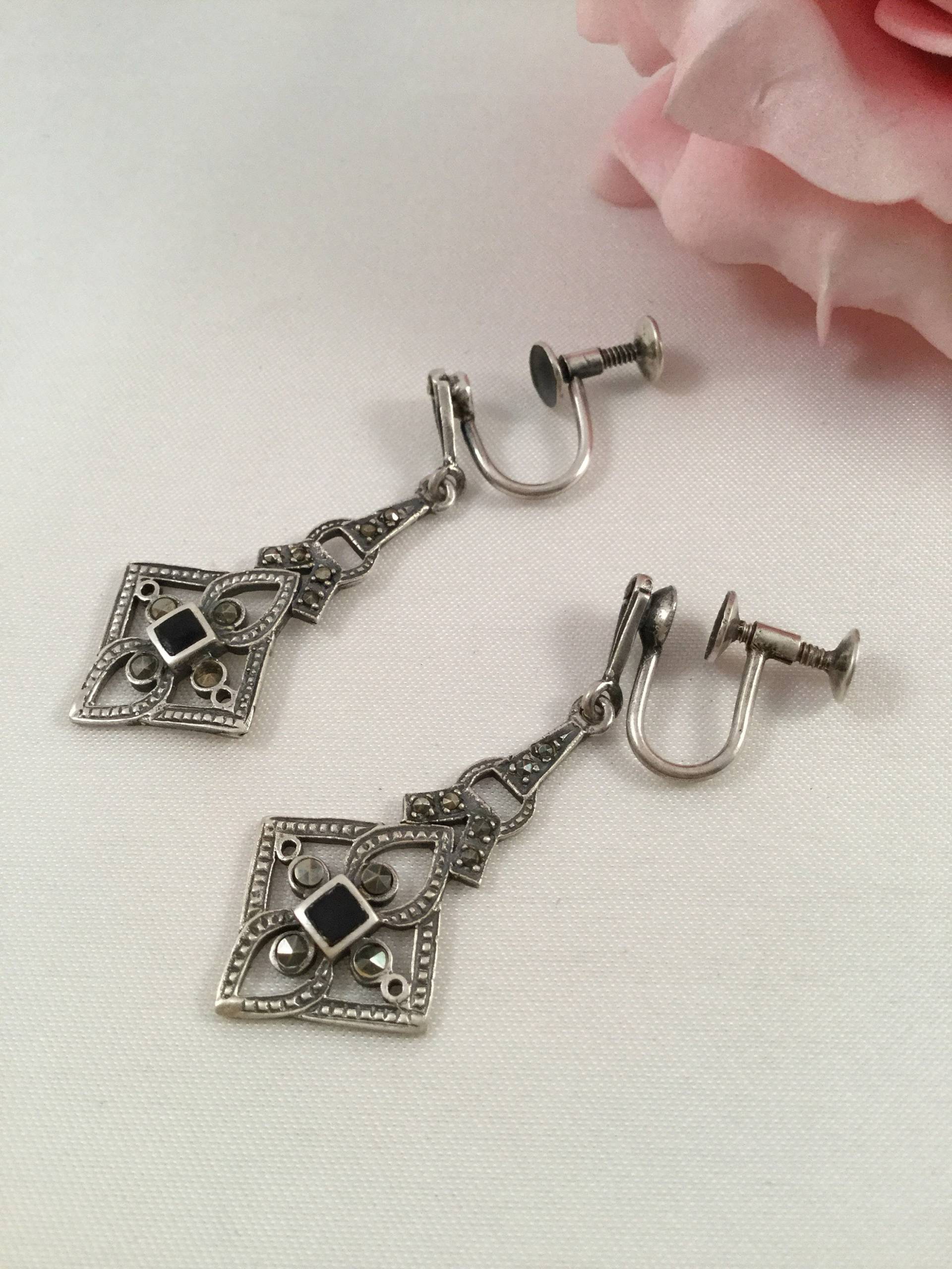 Vintage Schmuck Sterling Silber Ohrringe Mit Onyx Und Marcasites Marcasite Antike Art Deco Kleid von Roseworthysvintage