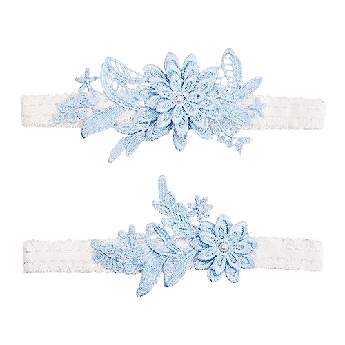 2 Stück Hochzeit Braut Strumpfband Blume Spitze Hochzeitsstrumpfband, Damen Bein Strumpfband Handgefertigte Elastische Brautstrumpfbänder Spitze Gürtel Hochzeit Unterwäsche Accessoires Blau / Weiß von Roseyan