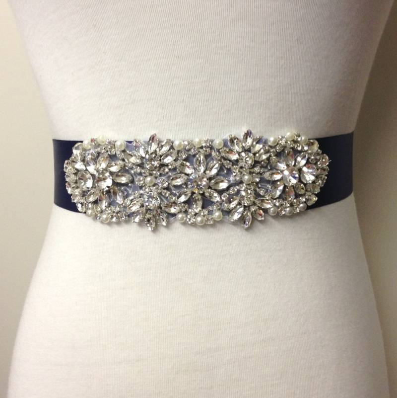 Navy Braut Schärpe-Navy Schärpe-Perle Schärpe-strass Schärpe-Applikation Band Gürtel-Hochzeitskleid Schärpe-Floral Kristall Perle Schärpe von RoseybloomBoutique
