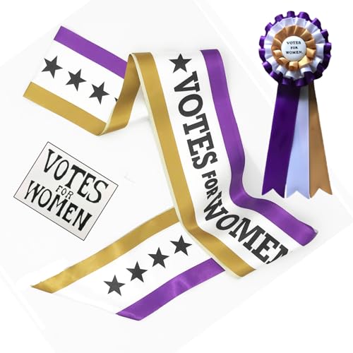 RosieCentral Suffragetten-Kostüm-Set mit 3-farbiger Schärpe, dreifarbige Rosette, Handzeichen für Frauen, 3-teiliges Suffragette-Kostüm-Set von RosieCentral
