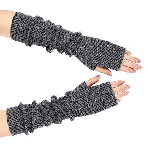 RosinKing Frauen Lange Armstulpen Winter Strickhandschuhe Fingerlose Hand Häkeln Daumenloch Warme Fäustlinge Gestrickt - Grau - Einheitsgröße von RosinKing