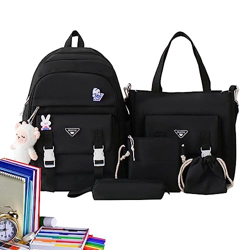 Rosixehird Kawaii Rucksack-Set, 5-teiliges Schulrucksack-Kombinationsset aus Segeltuch, Umhängetasche, Bleistiftbeutel, Hüfttaschen-Set mit niedlichen Anhängern, Studenten-Büchertasche für Mädchen von Rosixehird