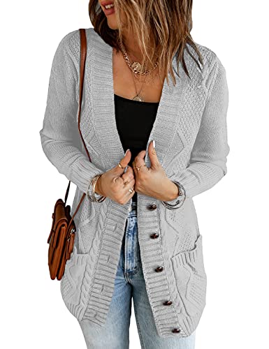 Roskiky Damen Strickjacke mit Knopfleiste vorne, langärmelig und Zopfmuster Hellgrau Größe L von Roskiky