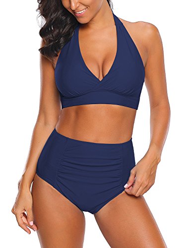 Roskiky Halter Bikinioberteil mit vorderseitigem Knoten, hoch taillierte Tankini Hose mit leichten Rüschen Marineblau Größe S von Roskiky