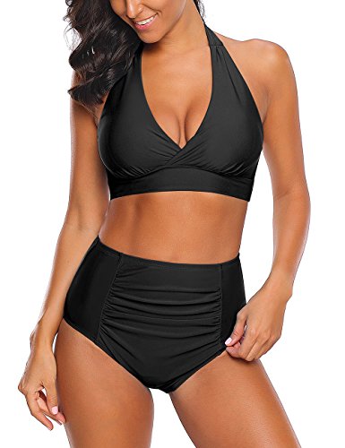 Roskiky Halter Bikinioberteil mit vorderseitigem Knoten, hoch taillierte Tankini Hose mit leichten Rüschen Schwarz Größe S von Roskiky