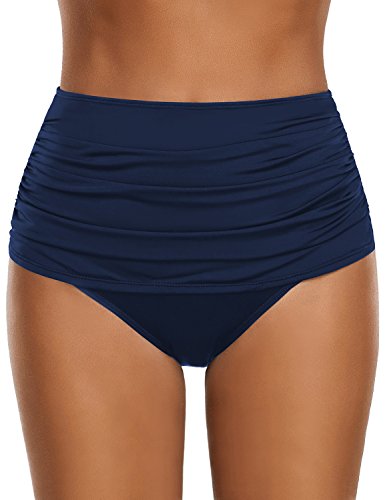 Roskiky Damen Hoch taillierte Bikinihose mit gerüschter Optik Marineblau Größe S von Roskiky