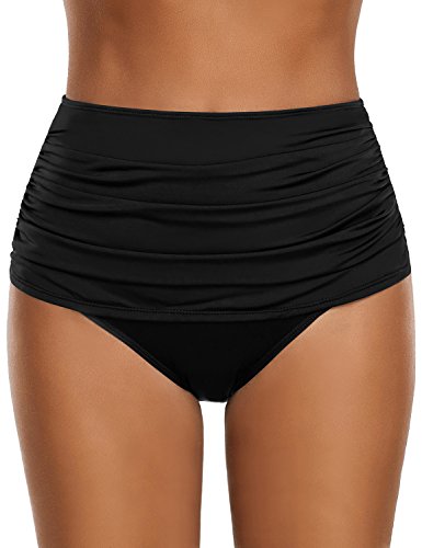 Roskiky Damen Hoch taillierte Bikinihose mit gerüschter Optik Schwarze Größe S von Roskiky