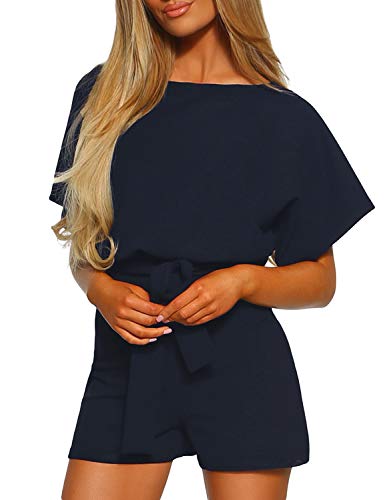 Roskiky kurzärmeliger Frauen-Overall mit Gürtel Beiläufig Rompers Playsuit Marineblau Größe XL von Roskiky