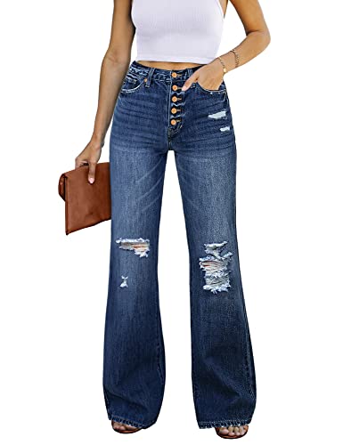 Roskiky Baggy Jeans Damen High Waist Damen Jeans Bootcut Jeans Damen Mit Löchern Y2K Hosen Jeans Große Größen Damen Sommer Jeans Damen Dunkelblau XL von Roskiky