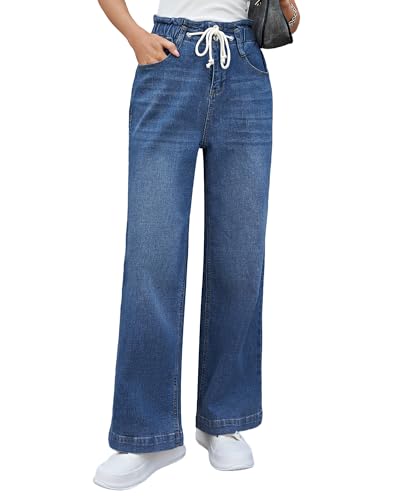Roskiky Baggy Jeans Damen Sommer High Waist Hose Weite Hose Y2K Leicht Dunkelblaue Blau XS von Roskiky