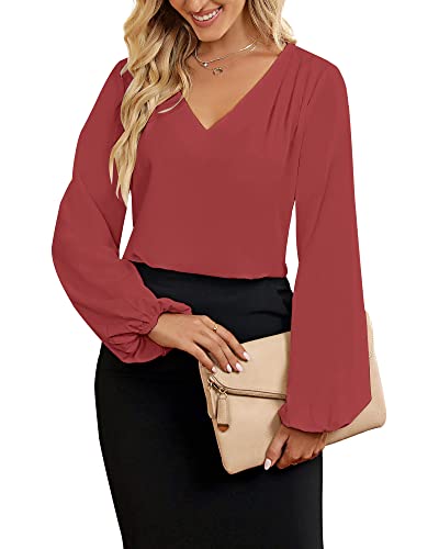 Roskiky Bluse Damen Elegant Tunika Damen Sommer Bluse Damen Elegant Langarm Festlich Langarm Top Langarmshirt Rot Damen Business Outfit Damen Rot XS von Roskiky