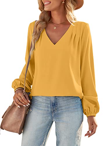 Roskiky Bluse Damen Elegant Tunika Damen Sommer Tunika Damen Sommer Lang Ieccp Top Damen Langarmshirt Gelbes Langarmshirt Damen Business Outfit Damen Gelb XS von Roskiky