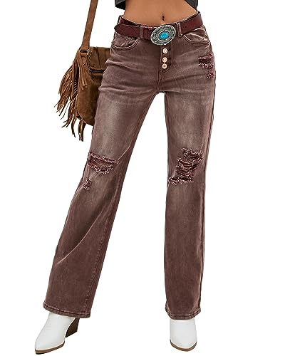 Roskiky Damen Jeans Braun XXL - Baggy, Stretch, High Waist, Löcher, 5 Taschen von Roskiky