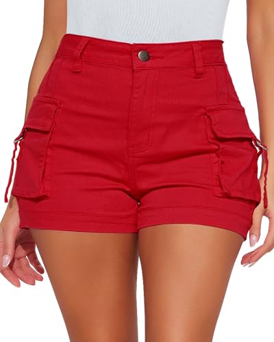 Roskiky Cargo Shorts Strandshorts Damen Jeans Damen High Waist Rot XL von Roskiky