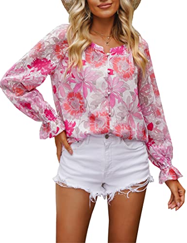 Roskiky Chiffon Bluse Damen Bluse Damen Elegant Langarm Festlich Schöne Oberteile Damen Damen Shirts Sommer Damenmode Große Größen Heißes Rosa geblümt L von Roskiky