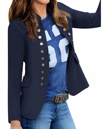 Roskiky Damen Blazer für Frauen, Cardigan, Freizeit Business Jacke, mit Taschen, Deko Knöpfe vorne Navy Blau Größe Medium (Fits EU 40-EU 42) von Roskiky