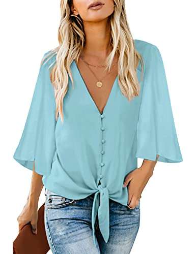 Roskiky Damen Bluse Chiffon Elegant V-Ausschnitt Bell Sleeve Fledermausärmel Oberteile Hemd Loose Tops mit 3 4 Arm Blau XX-Large von Roskiky