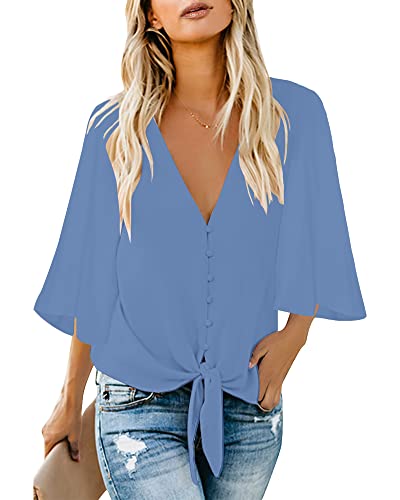 Roskiky Damen Bluse Chiffon Elegant V-Ausschnitt Bell Sleeve Fledermausärmel Oberteile Hemd Loose Tops mit 3 4 Arm Bonnie Blau S von Roskiky