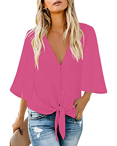 Roskiky Damen Bluse Chiffon Elegant V-Ausschnitt Bell Sleeve Fledermausärmel Oberteile Hemd Loose Tops mit 3 4 Arm Heißes Rosa S von Roskiky