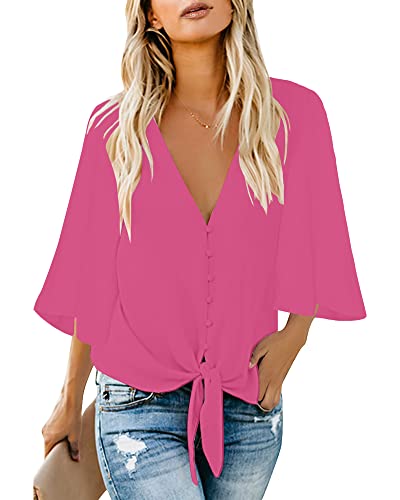 Roskiky Damen Bluse Chiffon Elegant V-Ausschnitt Bell Sleeve Fledermausärmel Oberteile Hemd Loose Tops mit 3 4 Arm Heißes Rosa XL von Roskiky