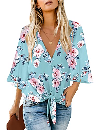 Roskiky Damen Bluse Chiffon Elegant V-Ausschnitt Bell Sleeve Fledermausärmel Oberteile Hemd Loose Tops mit 3 4 Arm Hellblau Geblühmt Small von Roskiky