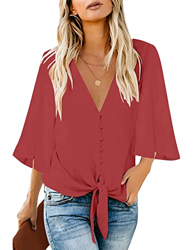 Roskiky Damen Bluse Chiffon Elegant V-Ausschnitt Bell Sleeve Fledermausärmel Oberteile Hemd Loose Tops mit 3 4 Arm Koralle X-Large von Roskiky