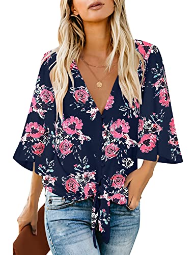 Roskiky Damen Bluse Chiffon Elegant V-Ausschnitt Bell Sleeve Fledermausärmel Oberteile Hemd Loose Tops mit 3 4 Arm Marineblau Geblühmt Medium von Roskiky