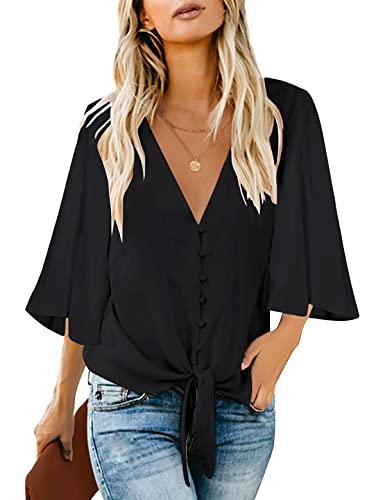 Roskiky Damen Bluse Chiffon Elegant V-Ausschnitt Bell Sleeve Fledermausärmel Oberteile Hemd Loose Tops mit 3 4 Arm Schwarz XX-Large von Roskiky