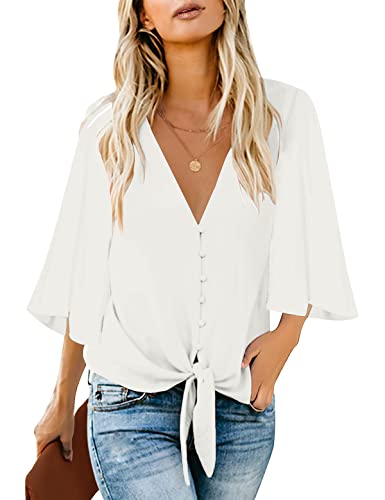 Roskiky Damen Bluse Chiffon Elegant V-Ausschnitt Bell Sleeve Fledermausärmel Oberteile Hemd Loose Tops mit 3 4 Arm Weiß XX-Large von Roskiky