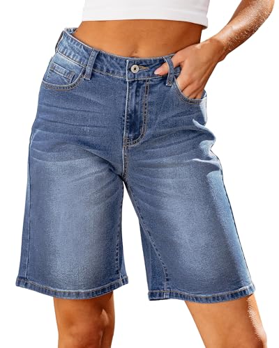 Roskiky Damen High Waisted Trendy Stretch Denim Shorts Bermuda Jean Shorts Knielang Cutoff L Bay Blue von Roskiky