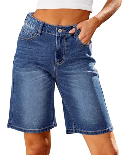 Roskiky Damen High Waisted Trendy Stretch Denim Shorts Bermuda Jean Shorts Knielang Cutoff L Klassisch Blau von Roskiky