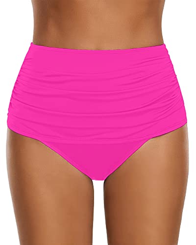 Roskiky Damen Hoch taillierte Bikinihose mit gerüschter Optik Heißes Rosa L von Roskiky