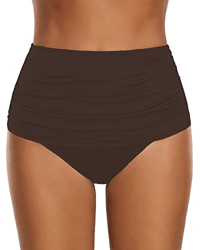 Roskiky Damen Hoch taillierte Bikinihose mit gerüschter Optik Schokoladenbraun L von Roskiky