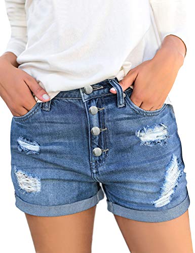 Roskiky Damen Hohe Taille Kurze Hose Strecken Zerrissen Gefalteter Saum Denim Kurze Jeans mit Knöpfen Blau, Größe XXL von Roskiky