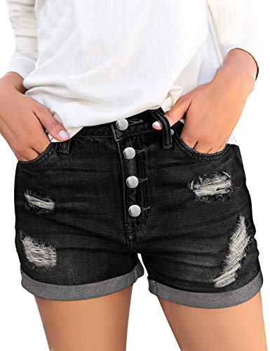 Roskiky Damen Hohe Taille Kurze Hose Strecken Zerrissen Gefalteter Saum Denim Kurze Jeans mit Knöpfen Schwarz, Größe L von Roskiky